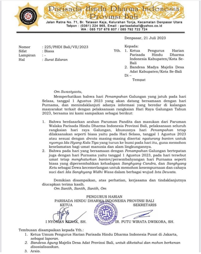 Foto: Surat Edaran PHDI Bali.
